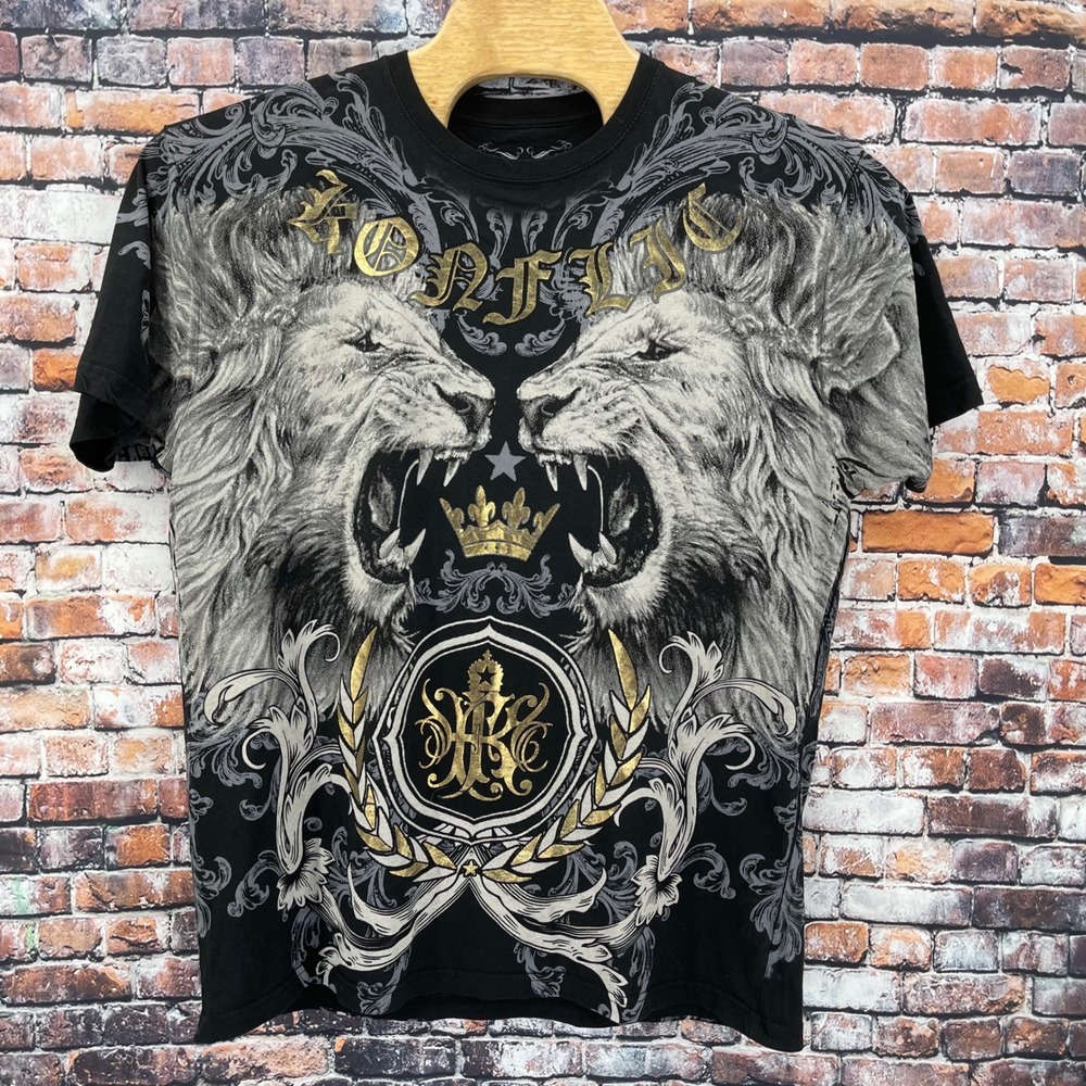 Konflic Lion Crest Graphic T-Shirt Mens 2XL Black Gold Foil All Over Print USA